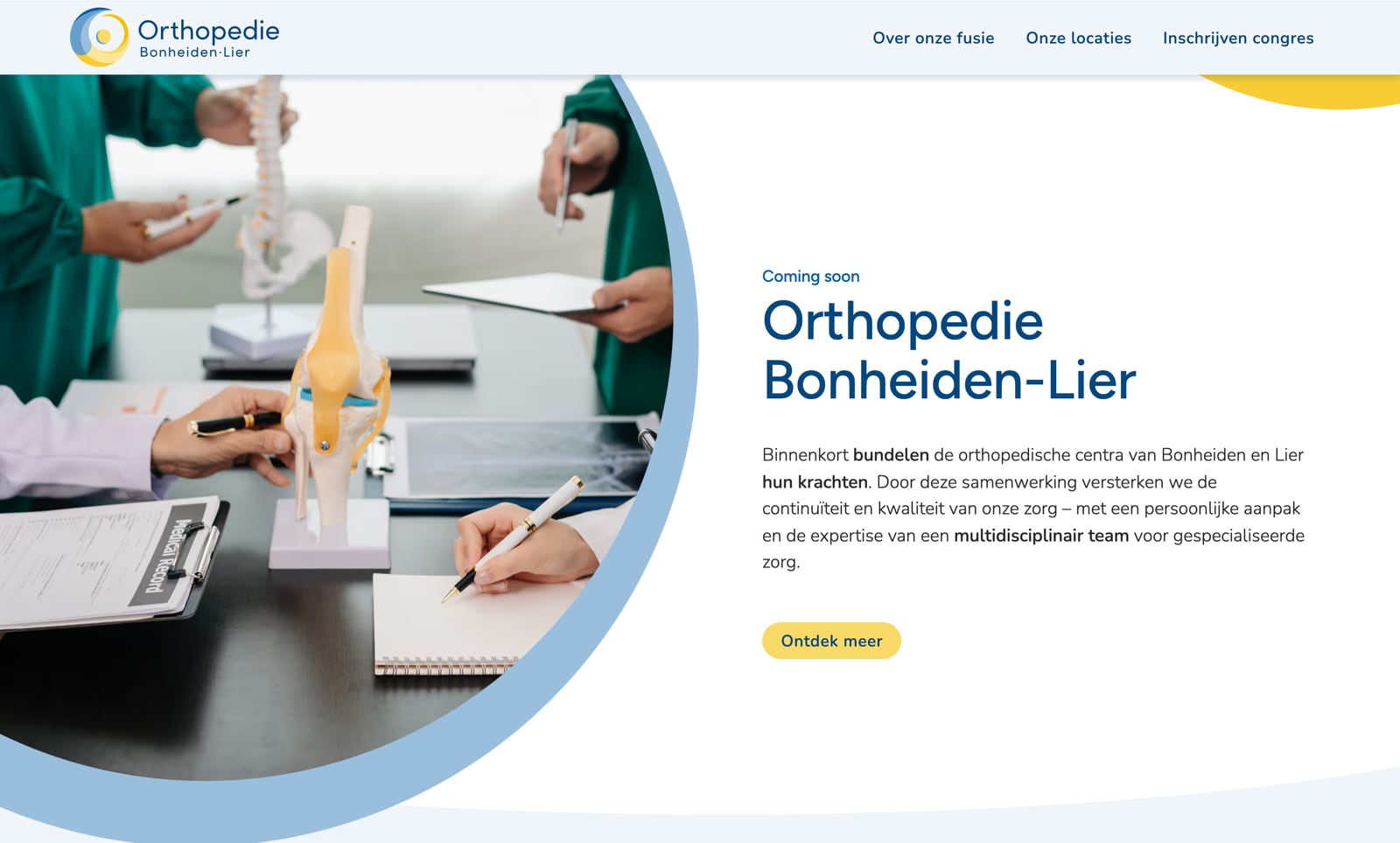 De site van Orthopedie Bonheiden-Lier, met het beeldmerk en de aankondiging van de fusie