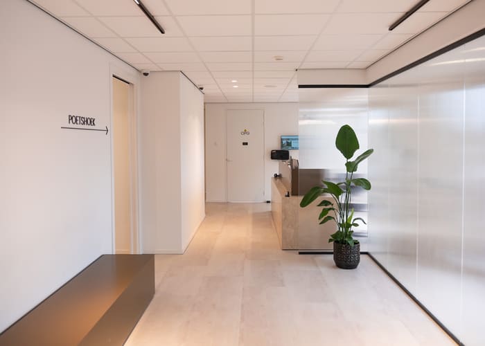 Lichte gang in de praktijk met een plant bij de deur