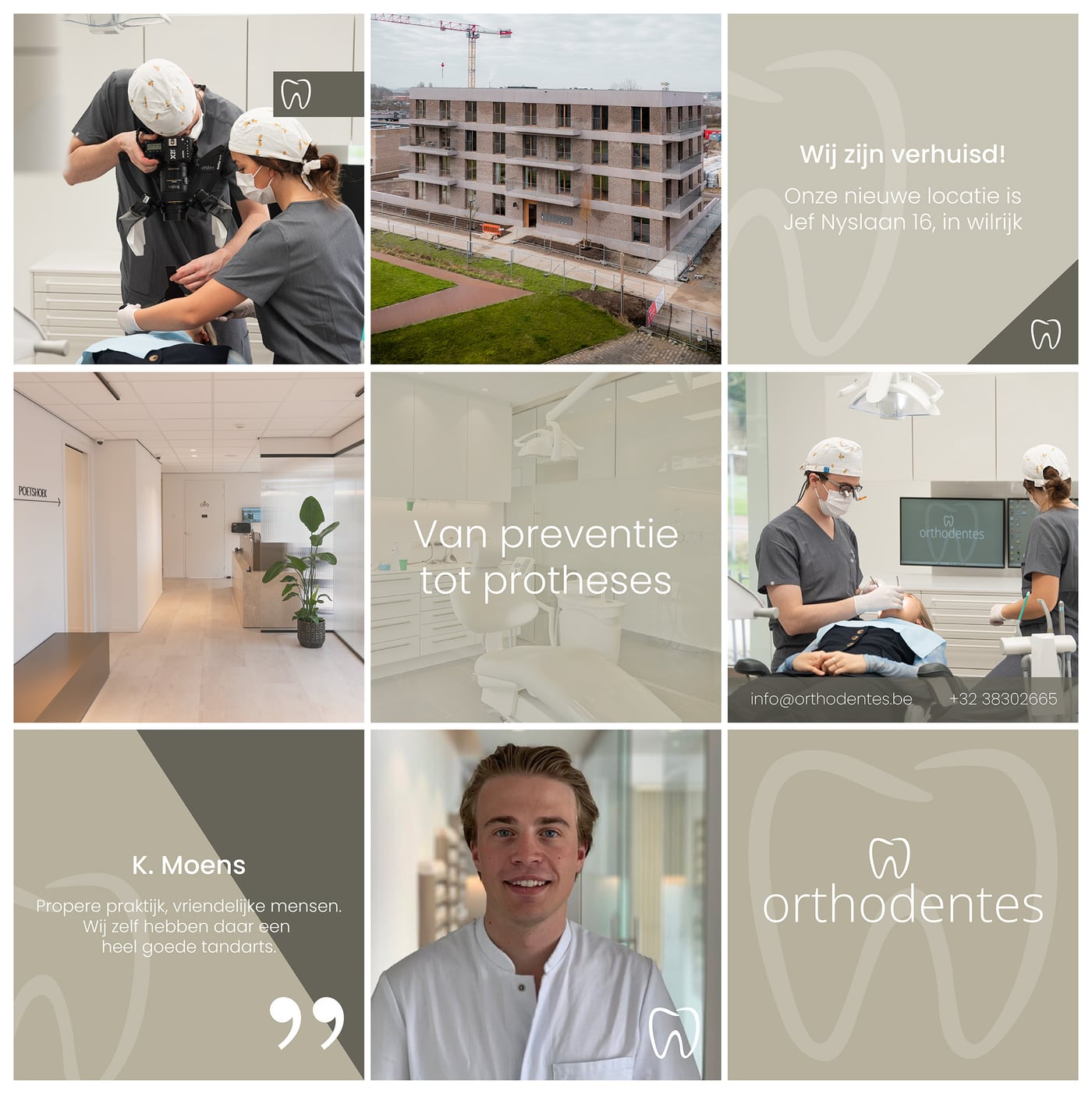 Negen berichten van Orthodentes naast elkaar in het raster van Instagram