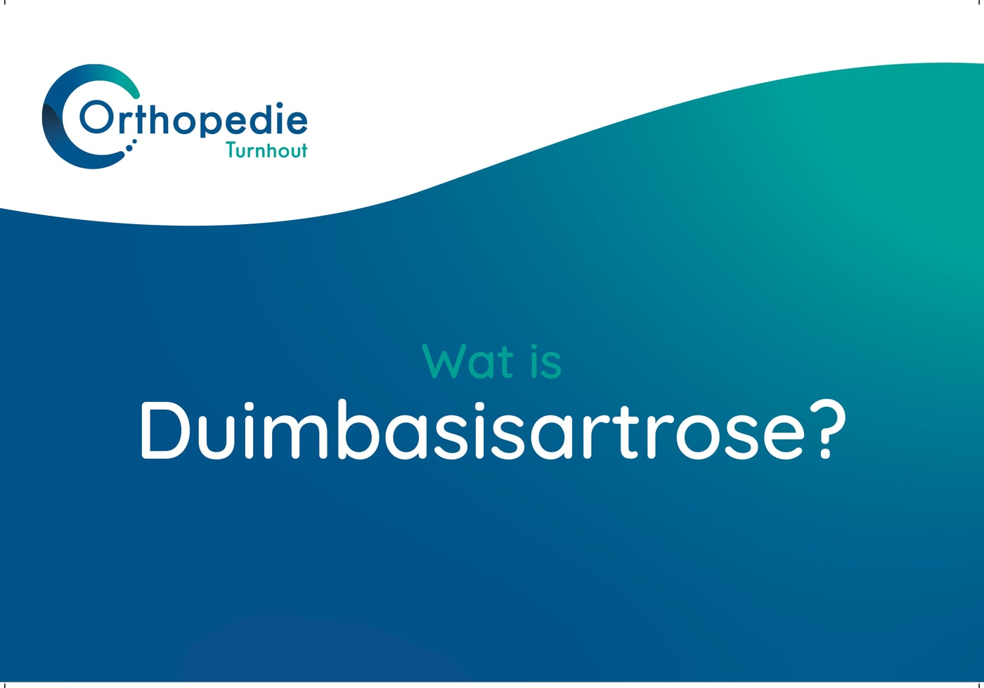 De voorkant van het kaartje, met de vraag Wat is duimbasisartrose in het blauw-groene verloop van de praktijk